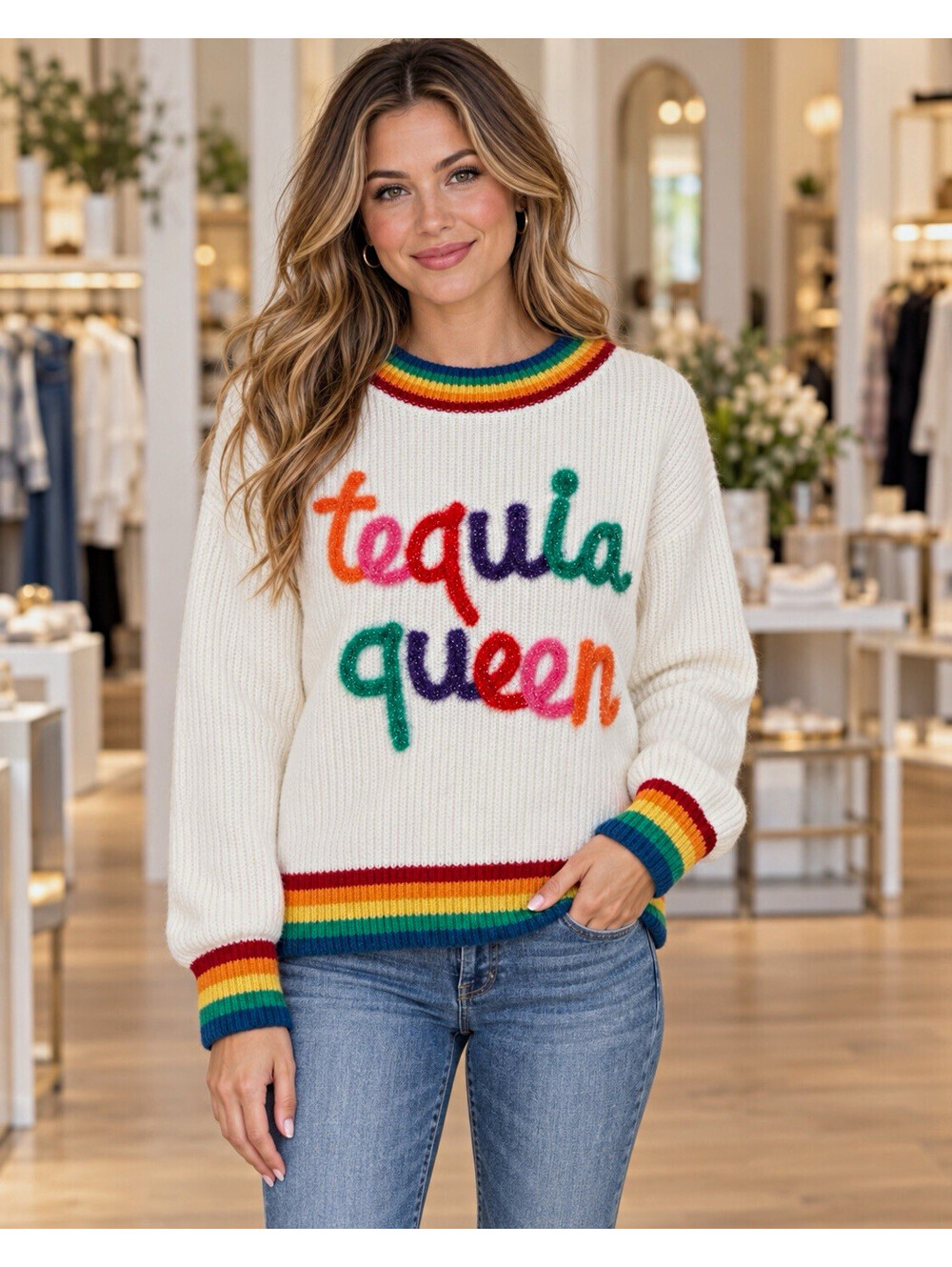 Main Strip Tequila Queen Rainbow Sweater Women’s Large NWT Sparkle